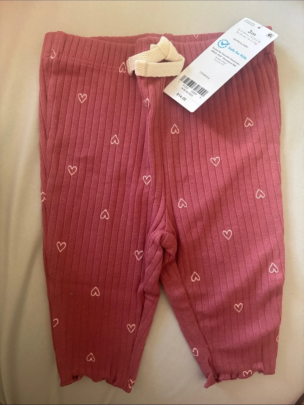 Carter's Ribbed Heart Print Pajama Pants - Dusty Rose with Cream Drawstring
